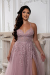 Load image into Gallery viewer, Wholesale Lace Appliqué Tulle A-Line Evening Gown with Spaghetti Straps High Slit by LA2220