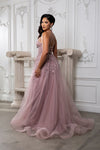 Load image into Gallery viewer, Wholesale Lace Appliqué Tulle A-Line Evening Gown with Spaghetti Straps High Slit by LA2220