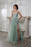 Load image into Gallery viewer, Wholesale Lace Appliqué Tulle A-Line Evening Gown with Spaghetti Straps High Slit by LA2220