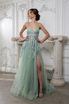 Load image into Gallery viewer, Wholesale Lace Appliqué Tulle A-Line Evening Gown with Spaghetti Straps High Slit by LA2220