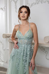 Load image into Gallery viewer, Wholesale Lace Appliqué Tulle A-Line Evening Gown with Spaghetti Straps High Slit by LA2220
