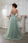 Load image into Gallery viewer, Wholesale Lace Appliqué Tulle A-Line Evening Gown with Spaghetti Straps High Slit by LA2220