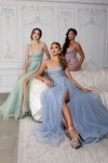 Load image into Gallery viewer, Wholesale Lace Appliqué Tulle A-Line Evening Gown with Spaghetti Straps High Slit by LA2220
