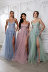 Load image into Gallery viewer, Wholesale Lace Appliqué Tulle A-Line Evening Gown with Spaghetti Straps High Slit by LA2220