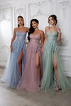 Load image into Gallery viewer, Wholesale Lace Appliqué Tulle A-Line Evening Gown with Spaghetti Straps High Slit by LA2220