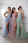 Load image into Gallery viewer, Wholesale Lace Appliqué Tulle A-Line Evening Gown with Spaghetti Straps High Slit by LA2220