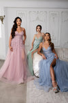 Load image into Gallery viewer, Wholesale Lace Appliqué Tulle A-Line Evening Gown with Spaghetti Straps High Slit by LA2220