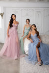 Load image into Gallery viewer, Wholesale Lace Appliqué Tulle A-Line Evening Gown with Spaghetti Straps High Slit by LA2220