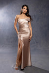 Load image into Gallery viewer, Wholesale Off-Shoulder Satin Ruched Evening Gown with Side Slit Formal Dress by LA2221 - CHAMPAGNE - Dresses LA Merchandise