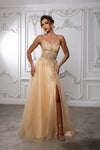 Load image into Gallery viewer, Wholesale Beaded Corset A-Line Prom Gown Sweetheart Glitter Tulle High Slit Lace-Up Back by LA2222 - CHAMPAGNE GOLD - Long Prom Dress LA Merchandise