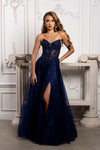 Load image into Gallery viewer, Wholesale Beaded Corset A-Line Prom Gown Sweetheart Glitter Tulle High Slit Lace-Up Back by LA2222 - NAVY - Long Prom Dress LA Merchandise