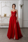 Load image into Gallery viewer, Wholesale Beaded Corset A-Line Prom Gown Sweetheart Glitter Tulle High Slit Lace-Up Back by LA2222 - RED - Long Prom Dress LA Merchandise