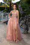 Load image into Gallery viewer, Wholesale Beaded Corset A-Line Prom Gown Sweetheart Glitter Tulle High Slit Lace-Up Back by LA2222 - ROSEGOLD - Long Prom Dress LA Merchandise