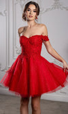 Load image into Gallery viewer, Wholesale Off Shoulder Beaded Lace Appliqué Cocktail Dress Glitter Tulle A-Line Dress by LA2224 - - Short Cocktail Dresses LA Merchandise