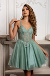 Load image into Gallery viewer, Wholesale Beaded Embellished Strap Sequin Appliqué Illusion A-Line Cocktail Dress by LA2231