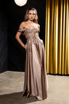 Load image into Gallery viewer, Wholesale Off-Shoulder Sweetheart Beaded Illusion Corset Bodice A-Line Evening Gown by LA2240 - LATTE - Long Formal Dresses LA Merchandise