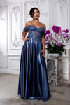Load image into Gallery viewer, Wholesale Off-Shoulder Sweetheart Beaded Illusion Corset Bodice A-Line Evening Gown by LA2240 - MIDNIGTHBLUE - Long Formal Dresses LA Merchandise