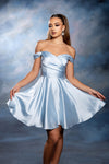 Load image into Gallery viewer, Wholesale Off-Shoulder Sweetheart Ruched Bodice A-Line Short Satin Homecoming Dress by LA2245