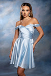 Load image into Gallery viewer, Wholesale Off-Shoulder Sweetheart Ruched Bodice A-Line Short Satin Homecoming Dress by LA2245