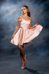 Load image into Gallery viewer, Wholesale Off-Shoulder Sweetheart Ruched Bodice A-Line Short Satin Homecoming Dress by LA2245