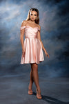 Load image into Gallery viewer, Wholesale Off-Shoulder Sweetheart Ruched Bodice A-Line Short Satin Homecoming Dress by LA2245