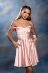 Load image into Gallery viewer, Wholesale Off-Shoulder Sweetheart Ruched Bodice A-Line Short Satin Homecoming Dress by LA2245