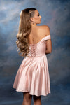 Load image into Gallery viewer, Wholesale Off-Shoulder Sweetheart Ruched Bodice A-Line Short Satin Homecoming Dress by LA2245
