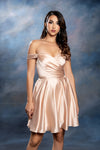 Load image into Gallery viewer, Wholesale Off-Shoulder Sweetheart Ruched Bodice A-Line Short Satin Homecoming Dress by LA2245