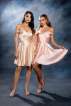 Load image into Gallery viewer, Wholesale Off-Shoulder Sweetheart Ruched Bodice A-Line Short Satin Homecoming Dress by LA2245
