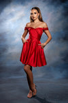 Load image into Gallery viewer, Wholesale Off-Shoulder Sweetheart Ruched Bodice A-Line Short Satin Homecoming Dress by LA2245