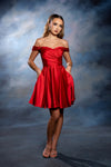 Load image into Gallery viewer, Wholesale Off-Shoulder Sweetheart Ruched Bodice A-Line Short Satin Homecoming Dress by LA2245