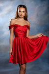 Load image into Gallery viewer, Wholesale Off-Shoulder Sweetheart Ruched Bodice A-Line Short Satin Homecoming Dress by LA2245