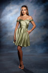 Load image into Gallery viewer, Wholesale Off-Shoulder Sweetheart Ruched Bodice A-Line Short Satin Homecoming Dress by LA2245
