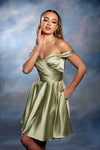 Load image into Gallery viewer, Wholesale Off-Shoulder Sweetheart Ruched Bodice A-Line Short Satin Homecoming Dress by LA2245
