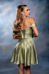 Load image into Gallery viewer, Wholesale Off-Shoulder Sweetheart Ruched Bodice A-Line Short Satin Homecoming Dress by LA2245