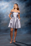Load image into Gallery viewer, Wholesale Off-Shoulder Sweetheart Ruched Bodice A-Line Short Satin Homecoming Dress by LA2245