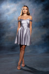 Load image into Gallery viewer, Wholesale Off-Shoulder Sweetheart Ruched Bodice A-Line Short Satin Homecoming Dress by LA2245