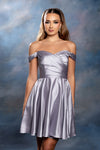 Load image into Gallery viewer, Wholesale Off-Shoulder Sweetheart Ruched Bodice A-Line Short Satin Homecoming Dress by LA2245