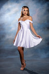Load image into Gallery viewer, Wholesale Off-Shoulder Sweetheart Ruched Bodice A-Line Short Satin Homecoming Dress by LA2245
