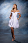 Load image into Gallery viewer, Wholesale Off-Shoulder Sweetheart Ruched Bodice A-Line Short Satin Homecoming Dress by LA2245