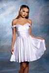 Load image into Gallery viewer, Wholesale Off-Shoulder Sweetheart Ruched Bodice A-Line Short Satin Homecoming Dress by LA2245