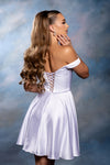 Load image into Gallery viewer, Wholesale Off-Shoulder Sweetheart Ruched Bodice A-Line Short Satin Homecoming Dress by LA2245