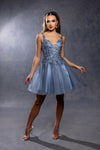 Load image into Gallery viewer, Wholesale Plunging Illusion V-Neck Floral Embroidered Bodice A-Line Homecoming Dress by LA2246 - DUSTYBLUE - Short Dress LA Merchandise