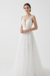 Load image into Gallery viewer, Wholesale Deep V-Neck Lace Strap A-Line Bridal Wedding Gown with Floral Lace Appliqué by LA2253 - IVORY - Wedding Dress LA Merchandise