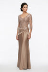 Load image into Gallery viewer, Wholesale Sequined Lace Sheer Sleeve Sheath Mother of the Bride Gown with Satin Skirt by LA2257