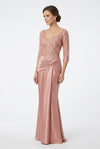Load image into Gallery viewer, Wholesale Sequined Lace Sheer Sleeve Sheath Mother of the Bride Gown with Satin Skirt by LA2257