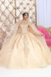 LA Merchandise LA230 Glitter Gold Beaded Quince Prom Gown - CHAMPAGNE GOLD - LA Merchandise