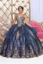 Load image into Gallery viewer, LA Merchandise LA231 V-Neck Embroidered Quince Tulle Ruffle Gown - NAVY GOLD - LA Merchandise