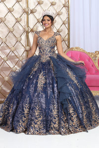 LA Merchandise LA231 V-Neck Embroidered Quince Tulle Ruffle Gown - NAVY GOLD - LA Merchandise