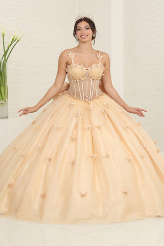 LA Merchandise LA239 Butterfly Sheer Glitter Corset Ball Gown with Bow - CHAMPAGNE - LA Merchandise